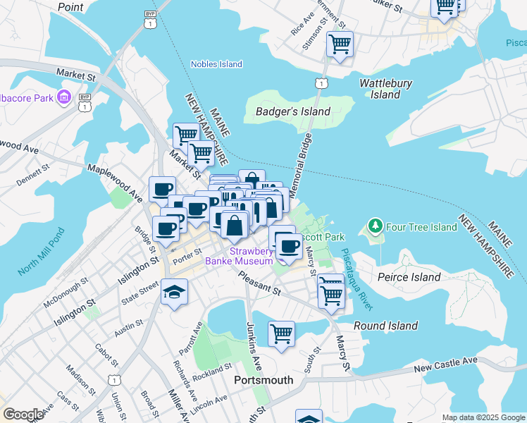 map of restaurants, bars, coffee shops, grocery stores, and more near 121 State Street in Portsmouth