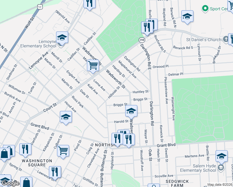 map of restaurants, bars, coffee shops, grocery stores, and more near 118 Huntley Street in Syracuse