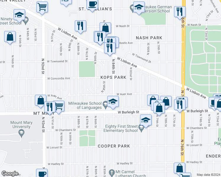 map of restaurants, bars, coffee shops, grocery stores, and more near 8432 West Auer Avenue in Milwaukee
