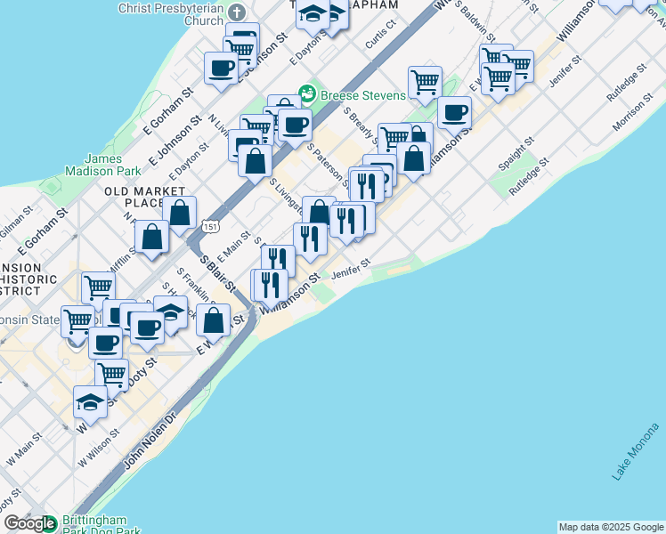 map of restaurants, bars, coffee shops, grocery stores, and more near 729 Jenifer Street in Madison