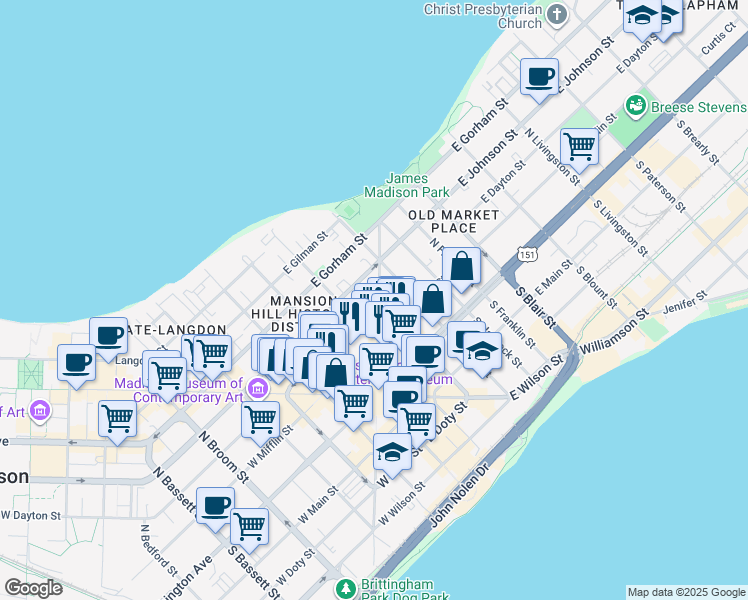 map of restaurants, bars, coffee shops, grocery stores, and more near 29 East Dayton Street in Madison
