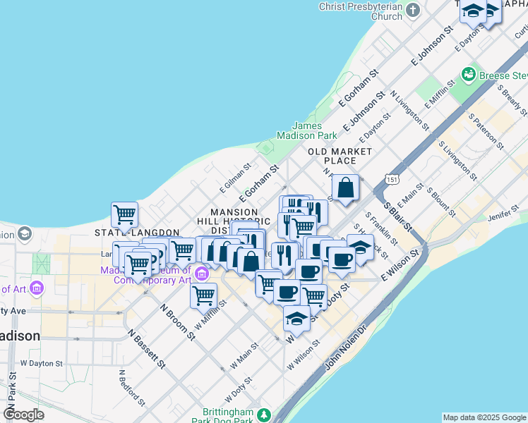 map of restaurants, bars, coffee shops, grocery stores, and more near 29 East Dayton Street in Madison