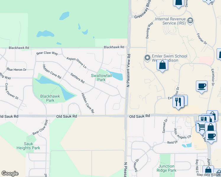 map of restaurants, bars, coffee shops, grocery stores, and more near 8810 Settlers Road in Madison