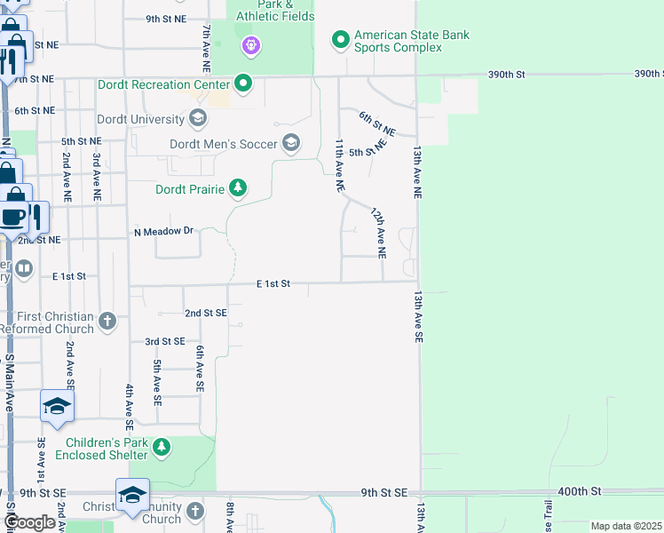 map of restaurants, bars, coffee shops, grocery stores, and more near 801-1099 East 1st Street in Sioux Center