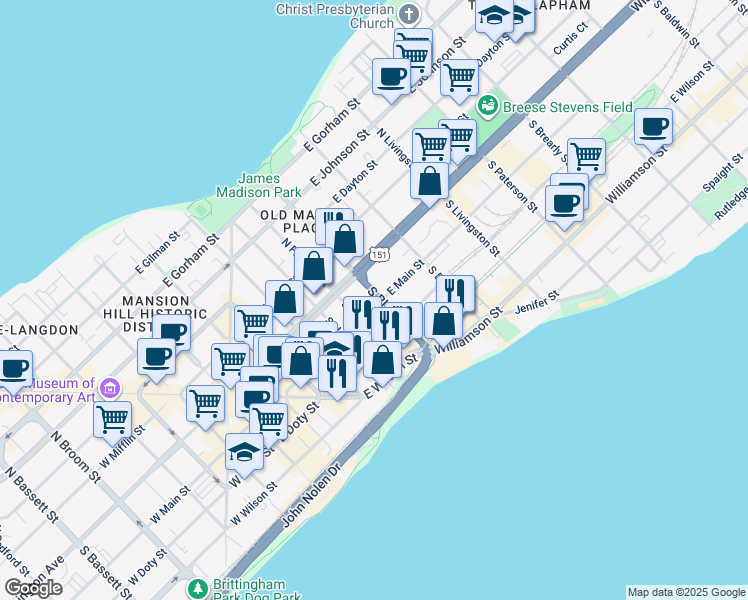 map of restaurants, bars, coffee shops, grocery stores, and more near 524 East Main Street in Madison
