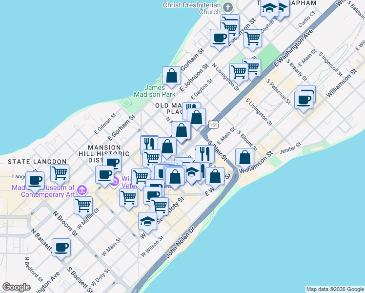 map of restaurants, bars, coffee shops, grocery stores, and more near 404 East Washington Avenue in Madison