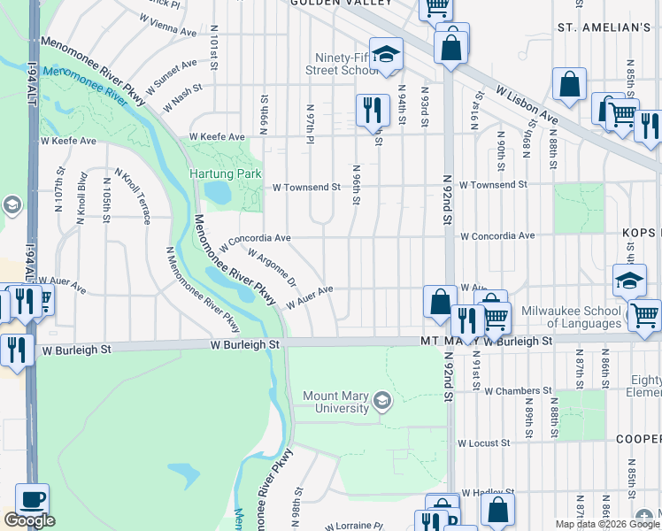 map of restaurants, bars, coffee shops, grocery stores, and more near 3202 North 97th Street in Milwaukee