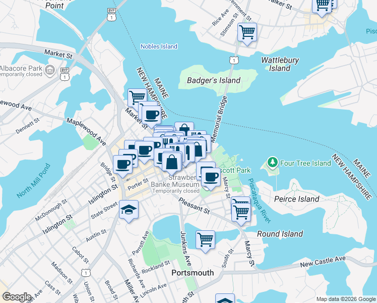 map of restaurants, bars, coffee shops, grocery stores, and more near Daniel St & Chapel St in Portsmouth