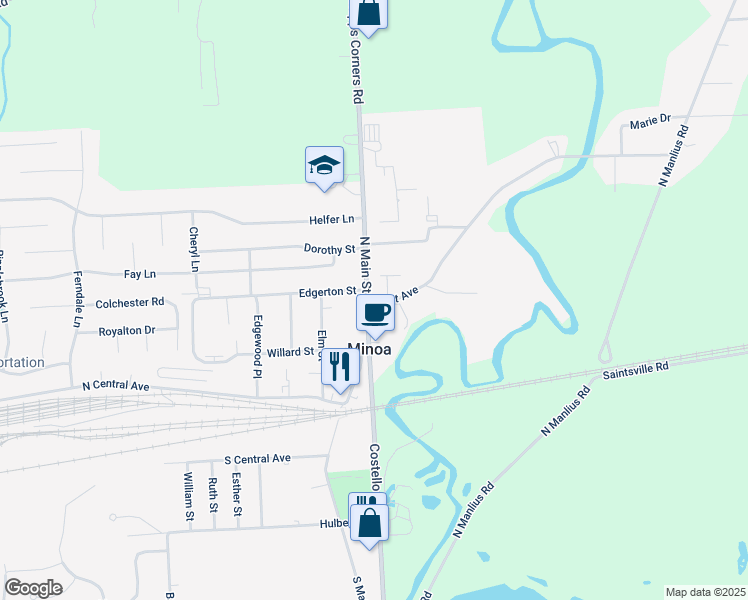 map of restaurants, bars, coffee shops, grocery stores, and more near Minoa Road in Minoa