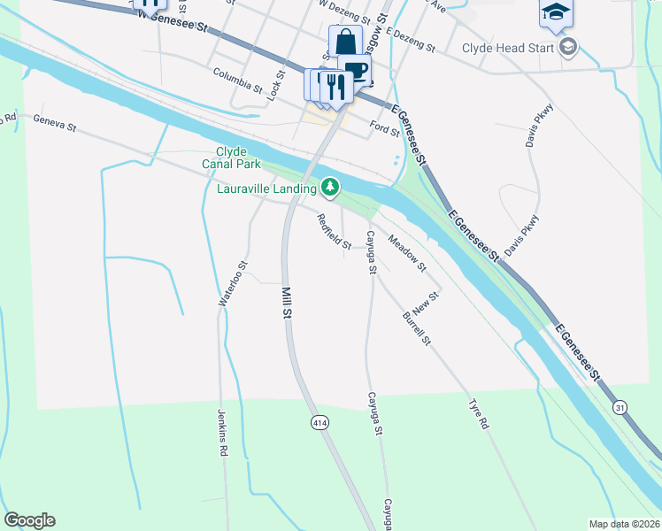 map of restaurants, bars, coffee shops, grocery stores, and more near 45 Orchard Street in Clyde