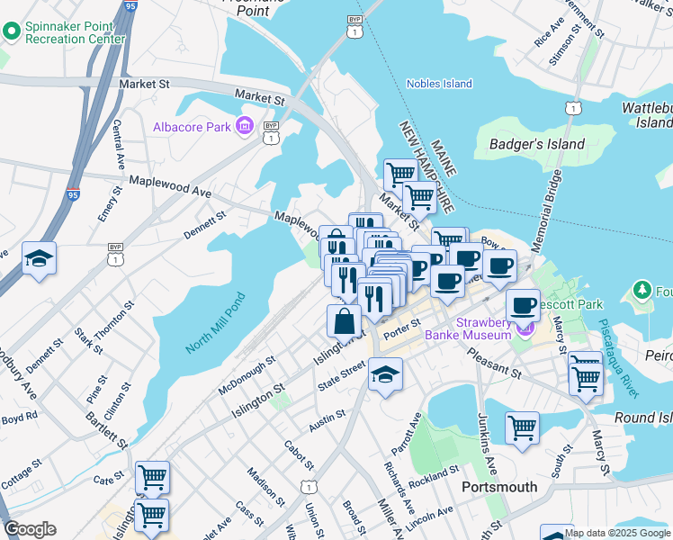 map of restaurants, bars, coffee shops, grocery stores, and more near 2 Foundry Place in Portsmouth