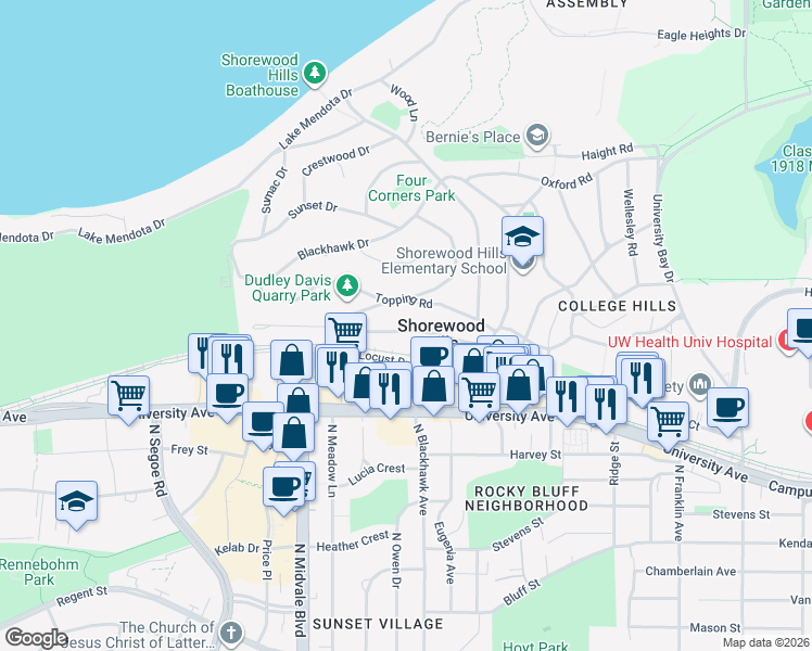map of restaurants, bars, coffee shops, grocery stores, and more near 1003 Oak Way in Madison