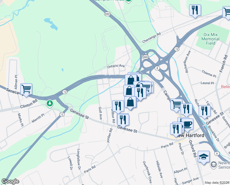 map of restaurants, bars, coffee shops, grocery stores, and more near 42 Wilbur Road in New Hartford