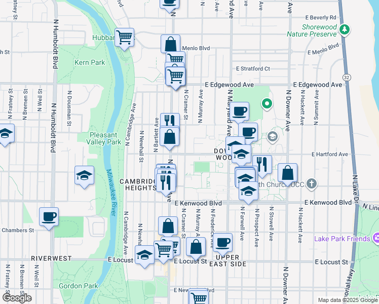 map of restaurants, bars, coffee shops, grocery stores, and more near 3340 North Cramer Street in Milwaukee