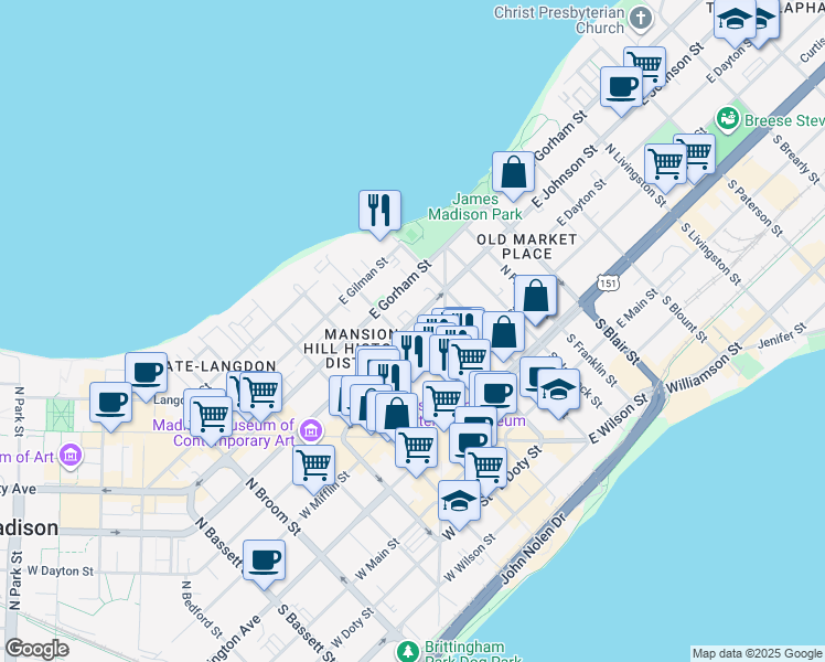 map of restaurants, bars, coffee shops, grocery stores, and more near 109 East Johnson Street in Madison