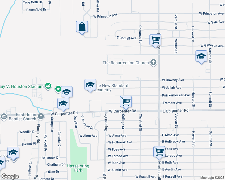 map of restaurants, bars, coffee shops, grocery stores, and more near 1507 West Downey Avenue in Flint