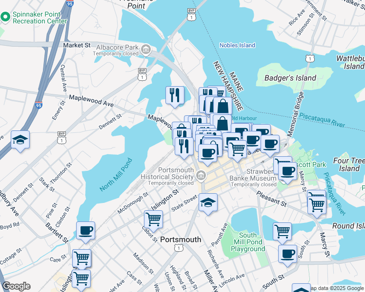 map of restaurants, bars, coffee shops, grocery stores, and more near in Portsmouth