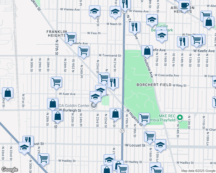 map of restaurants, bars, coffee shops, grocery stores, and more near 3238 North 22nd Street in Milwaukee