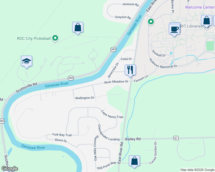 map of restaurants, bars, coffee shops, grocery stores, and more near 6 Riverview Drive in Rochester
