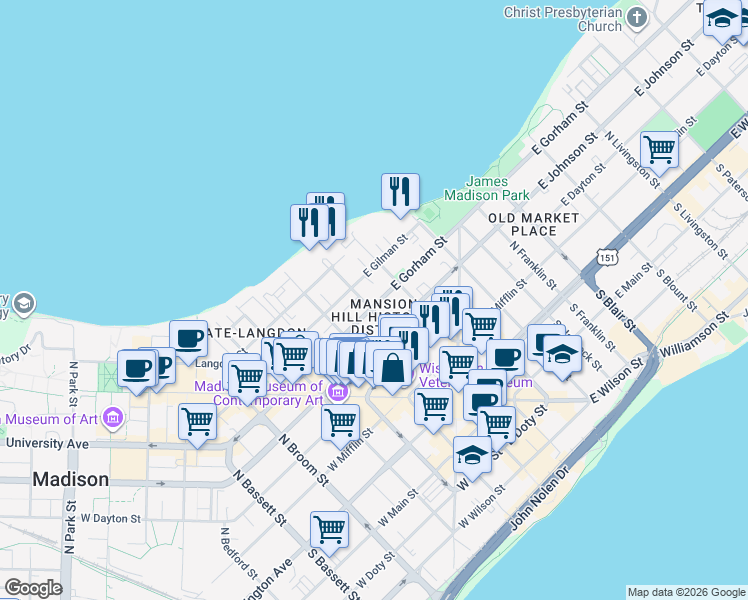 map of restaurants, bars, coffee shops, grocery stores, and more near 11 East Gilman Street in Madison