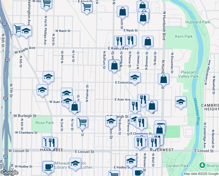 map of restaurants, bars, coffee shops, grocery stores, and more near 3257 North Holton Street in Milwaukee