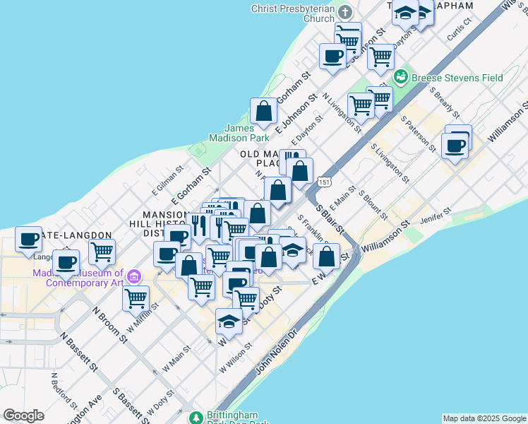 map of restaurants, bars, coffee shops, grocery stores, and more near 112 North Hancock Street in Madison
