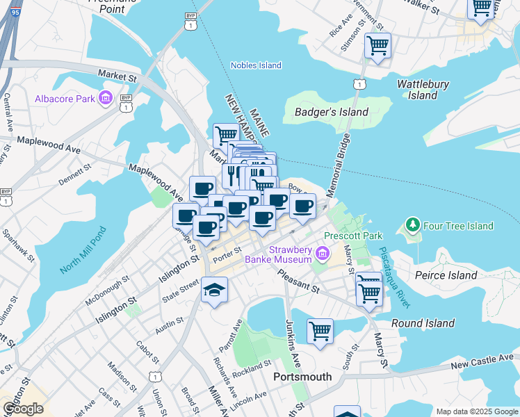map of restaurants, bars, coffee shops, grocery stores, and more near 100 Market Street in Portsmouth