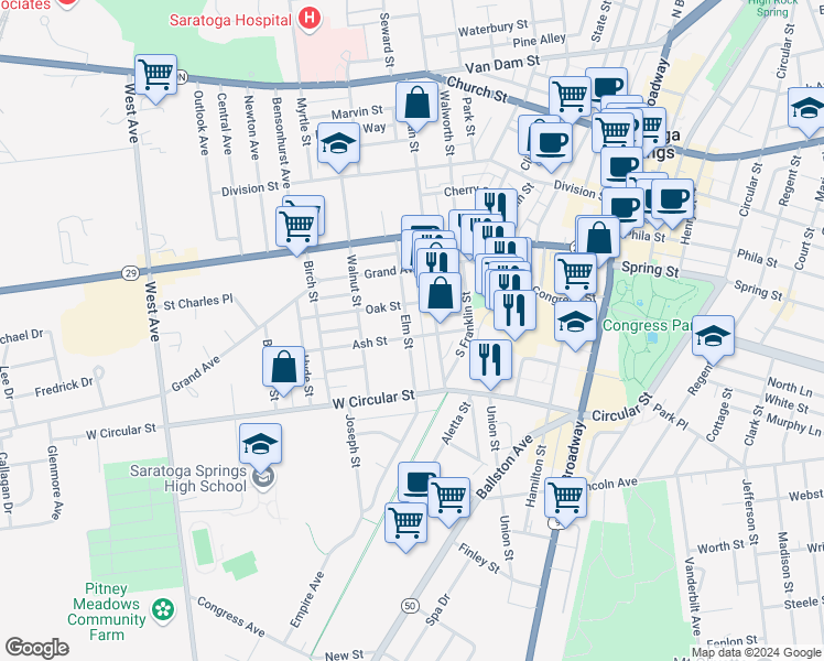 map of restaurants, bars, coffee shops, grocery stores, and more near 195 Elm Street in Saratoga Springs