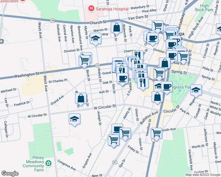 map of restaurants, bars, coffee shops, grocery stores, and more near 195 Elm Street in Saratoga Springs