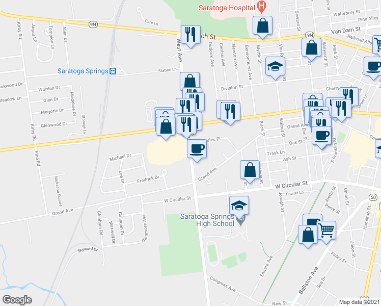 map of restaurants, bars, coffee shops, grocery stores, and more near 18 Saint Charles Place in Saratoga Springs