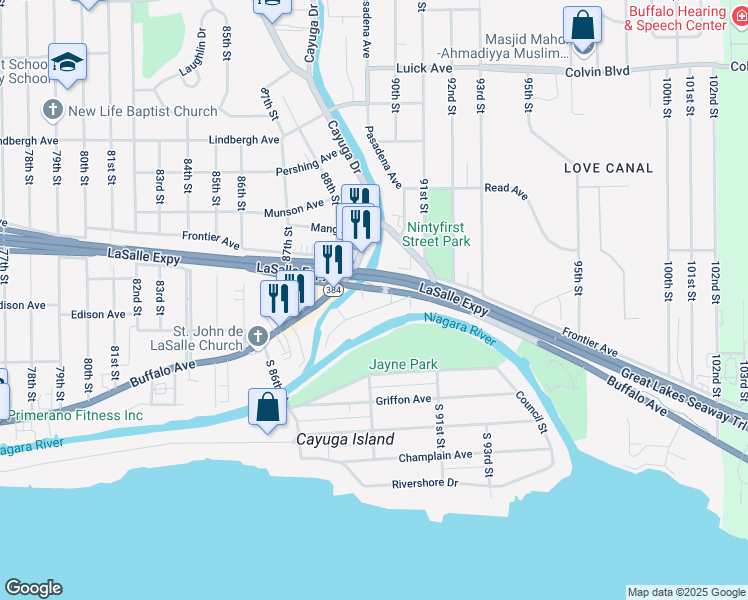 map of restaurants, bars, coffee shops, grocery stores, and more near 8839 Buffalo Avenue in Niagara Falls