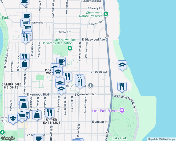 map of restaurants, bars, coffee shops, grocery stores, and more near 3341 North Summit Avenue in Milwaukee