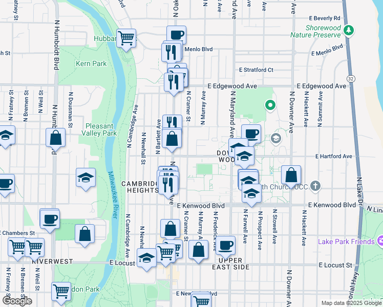 map of restaurants, bars, coffee shops, grocery stores, and more near 3340 North Cramer Street in Milwaukee