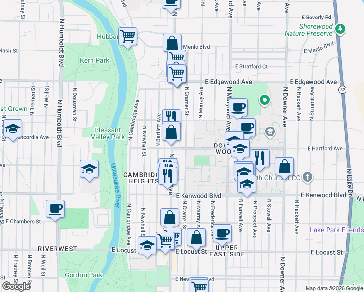 map of restaurants, bars, coffee shops, grocery stores, and more near 3340 North Cramer Street in Milwaukee