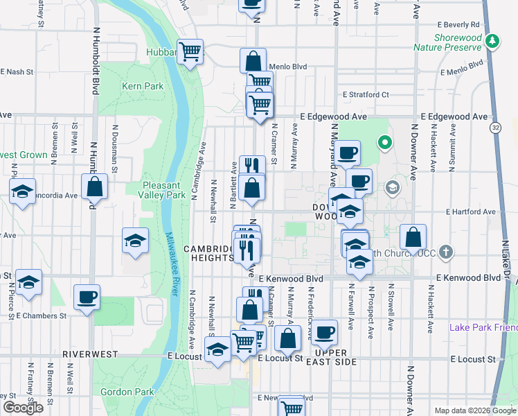 map of restaurants, bars, coffee shops, grocery stores, and more near 3335 North Oakland Avenue in Milwaukee