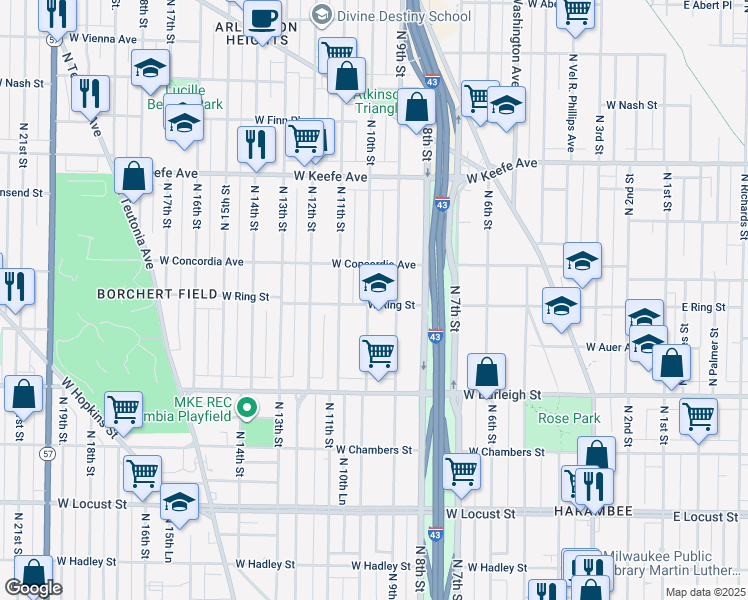 map of restaurants, bars, coffee shops, grocery stores, and more near 3283 North 10th Street in Milwaukee