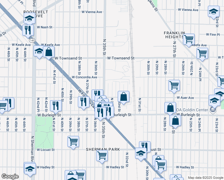 map of restaurants, bars, coffee shops, grocery stores, and more near 3263 North 33rd Street in Milwaukee