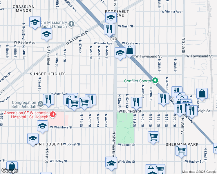 map of restaurants, bars, coffee shops, grocery stores, and more near 3265 North 44th Street in Milwaukee