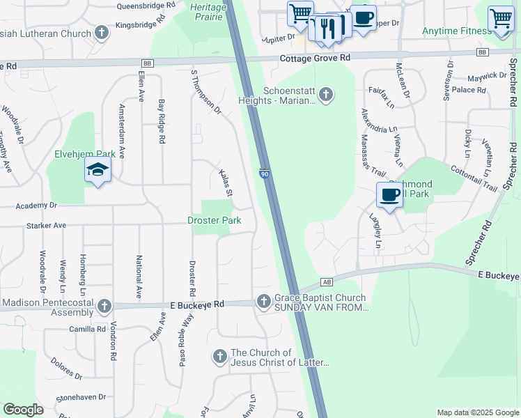 map of restaurants, bars, coffee shops, grocery stores, and more near 1329 South Thompson Drive in Madison