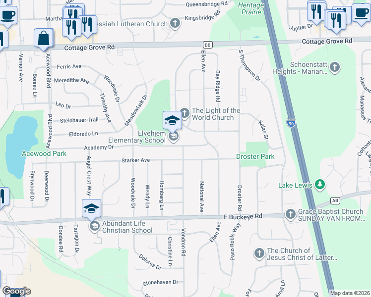 map of restaurants, bars, coffee shops, grocery stores, and more near 5106 Academy Drive in Madison