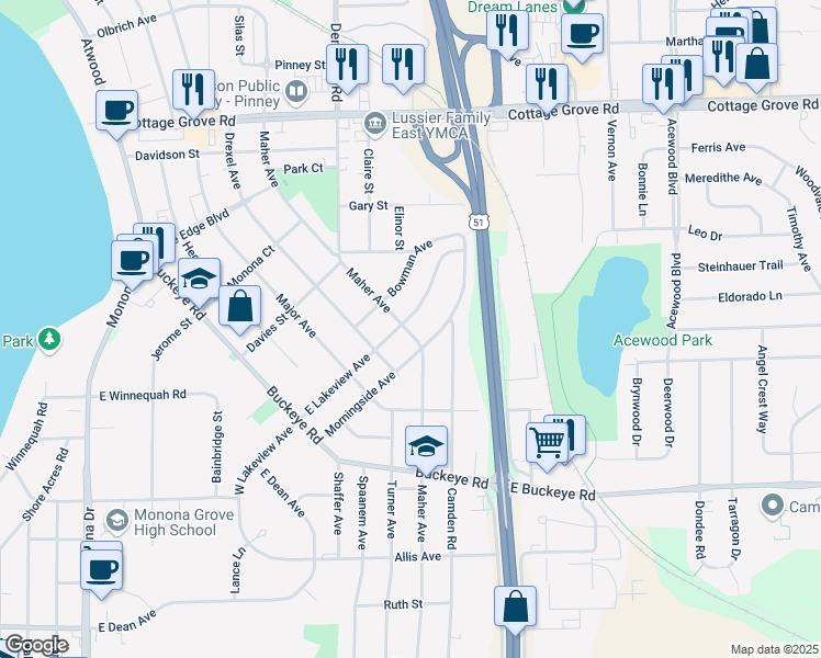 map of restaurants, bars, coffee shops, grocery stores, and more near 509 East Lakeview Avenue in Madison