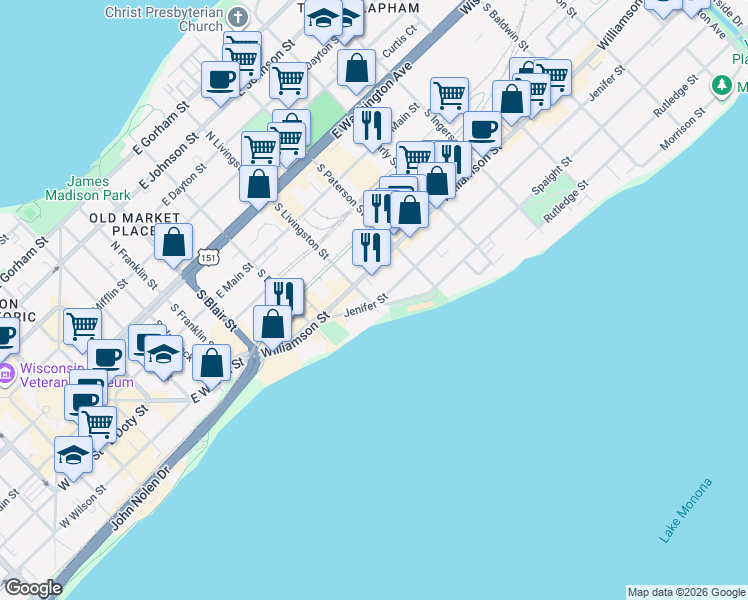 map of restaurants, bars, coffee shops, grocery stores, and more near 821 Williamson Street in Madison