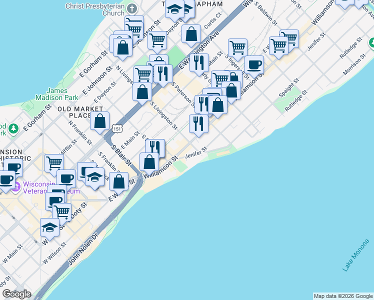 map of restaurants, bars, coffee shops, grocery stores, and more near 804 Williamson Street in Madison