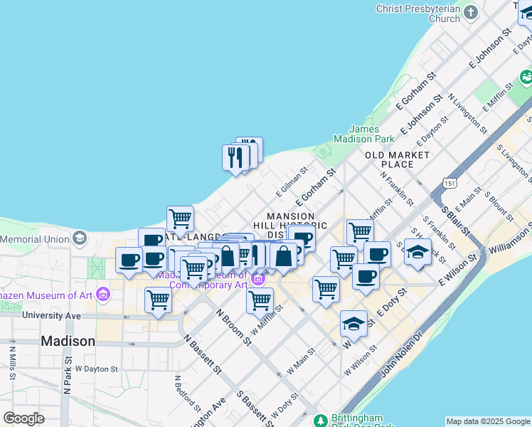 map of restaurants, bars, coffee shops, grocery stores, and more near 516 Wisconsin Avenue in Madison