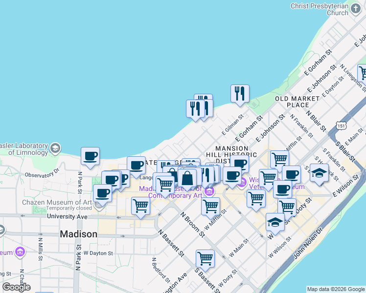 map of restaurants, bars, coffee shops, grocery stores, and more near 22 Langdon Street in Madison