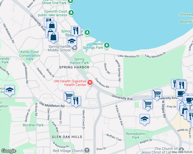 map of restaurants, bars, coffee shops, grocery stores, and more near 5110 Tomahawk Trail in Madison