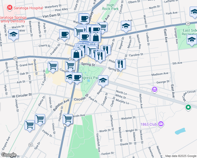 map of restaurants, bars, coffee shops, grocery stores, and more near 2 Union Avenue in Saratoga Springs