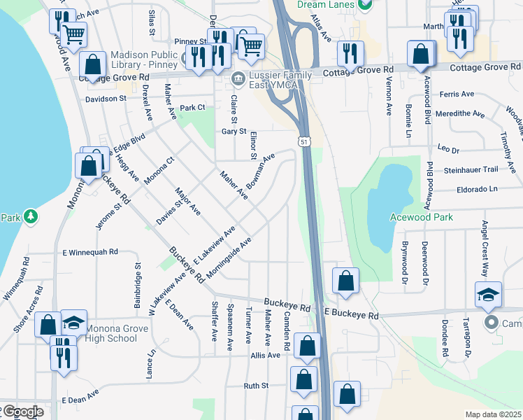 map of restaurants, bars, coffee shops, grocery stores, and more near 509 East Lakeview Avenue in Madison