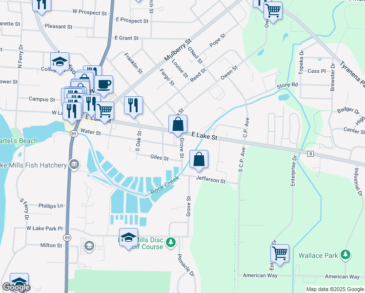 map of restaurants, bars, coffee shops, grocery stores, and more near 100-198 Grove Street in Lake Mills