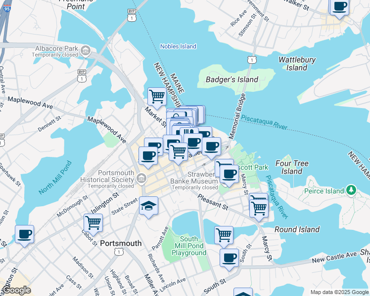 map of restaurants, bars, coffee shops, grocery stores, and more near 106 Penhallow Street in Portsmouth